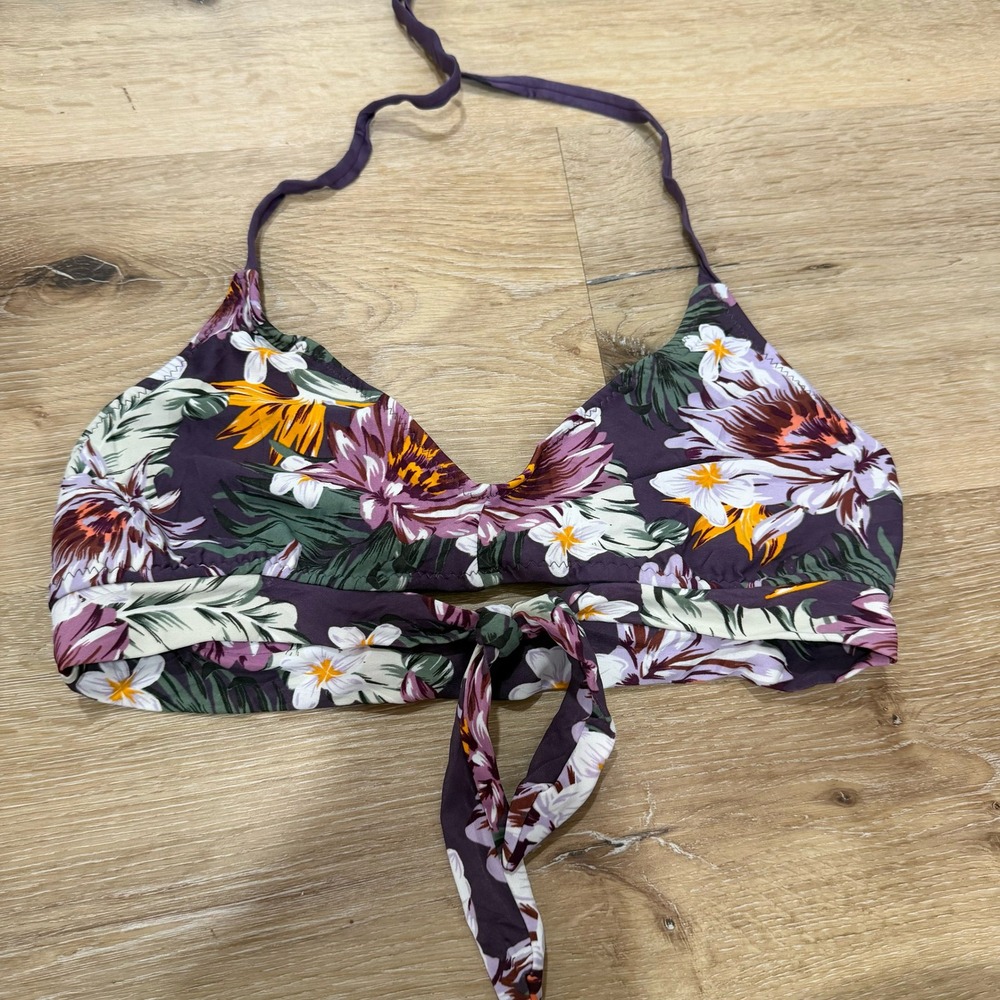 Kona Sol Womens Medium Purple Floral Halter Bikini Top Front Tie Triangle Swim
